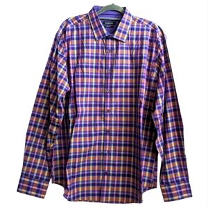 Bugatchi Shaped Fit Button Down Shirt XXL Purple Plaid Long Sleeve Button Up
